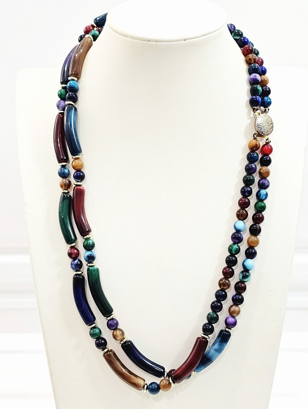 Vintage Multi-Color Lucite Beaded 2 Strand Necklace with Gold Tone Spacer Beads